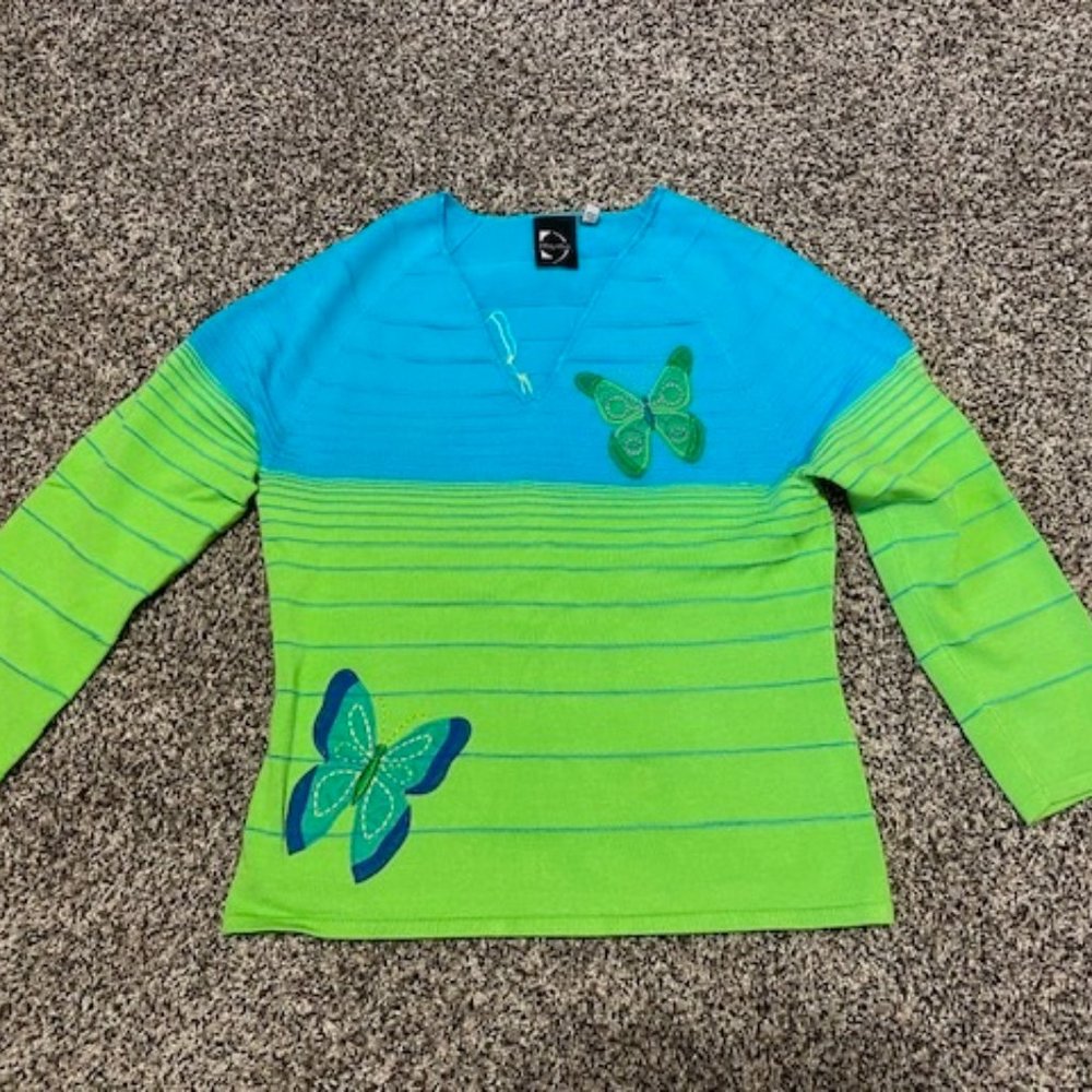 New HUME 3/4-slv TURQUOISE LIME SWEATER Applique Embroidered BUTTERFLIES * M